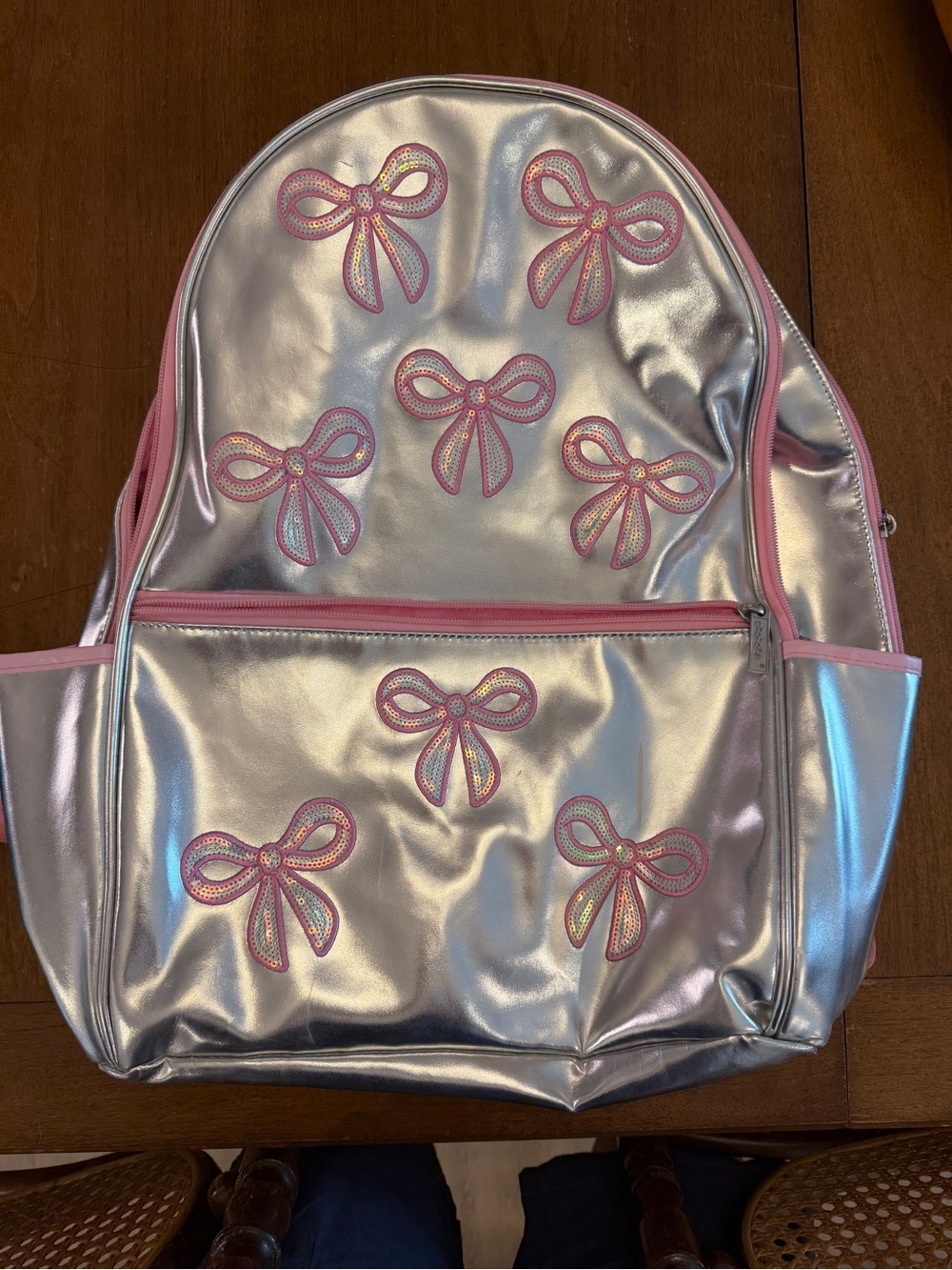Silver Metallic Backpack with Pink Bow Appliqués